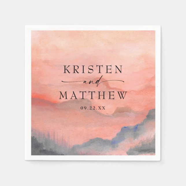 Vattenfärgsberg Sunset Rustic Bröllop Pappersservett (Framsidan)