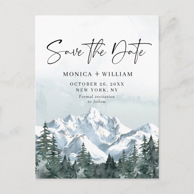 Vattenfärgsbergen Forest Bröllop spara datum Vykort (Framsida)