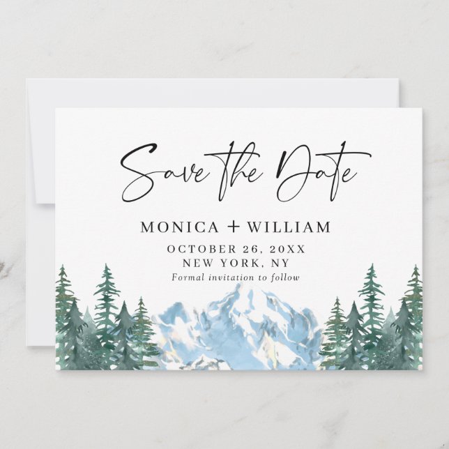 Vattenfärgsbergen Forest Bröllop Spara Datumet (Framsida)