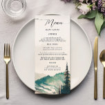 Vattenfärgsbergen Gräs Forest Bröllop Meny<br><div class="desc">Presentera bröllop-festen på ett visuellt tillfredsställande sätt med Watercolor Mountains Gräs Forest Bröllop Menu. Den här menyn, som är tryckt på högkvalitativt kort lagrar, har en stillastående vattenfärgscen med berg och en gräs-skog, som återspeglar den naturliga storheten i temat bröllop. Mottagningsmjölets maträtter är listade i en tydlig, modern typografi, skapar...</div>