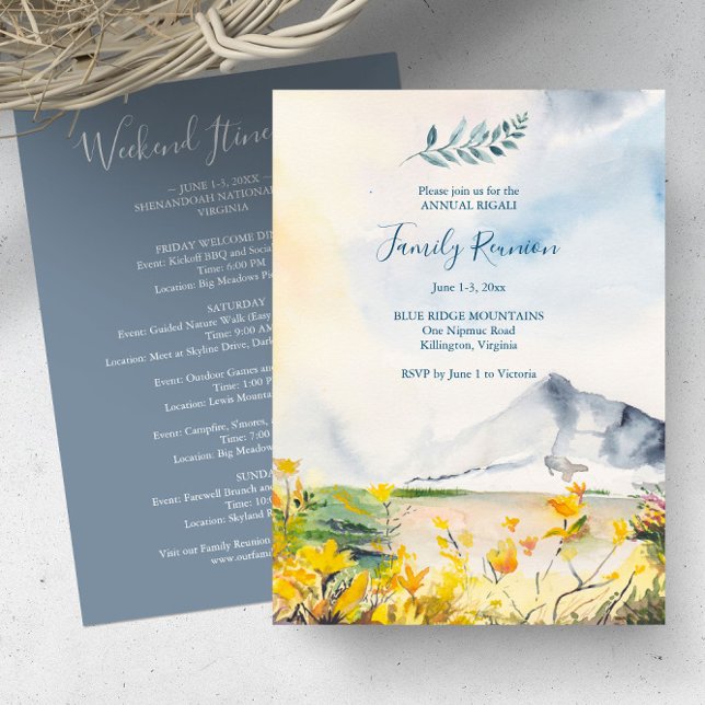 Vattenfärgsbergens Släktträff Itinerary Inbjudningar (Family reunion invitations with itinerary watercolor blue ridge mountains yellow florals summer)