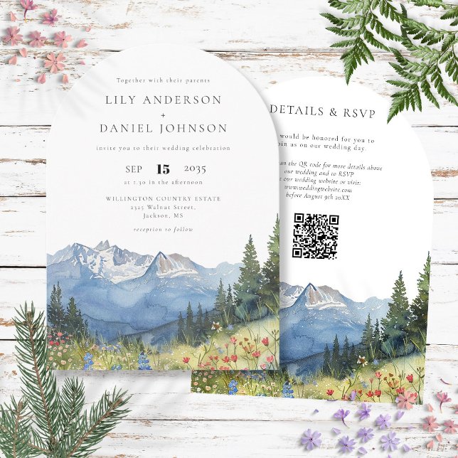 Vattenfärgsbergsblommor QR-kod Bröllop Arch Inbjudningar (Watercolor Mountain Flowers QR Code Wedding Arch Invitation)