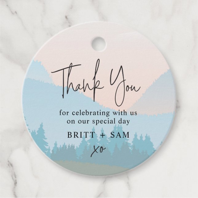 Vattenfärgsbergscen utomhus Bröllop Gåvor Etiketter (Framsida)