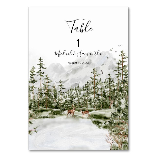 Vattenfärgsbergsskogen Rustic Bröllop Bordsnummer (Framsidan)