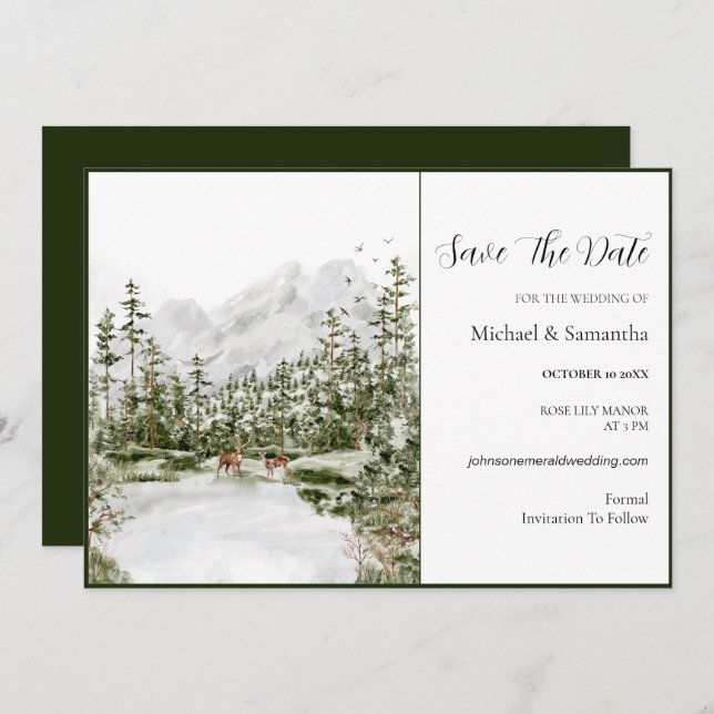 Vattenfärgsbergsskogen Rustic Bröllop Spara Datumet (Fram/baksida)