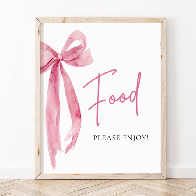Vattenfärgsbeteckning Elegant  Rosa Bow Food Sign Poster (Watercolor Elegant Blush Pink Bow Food Sign)