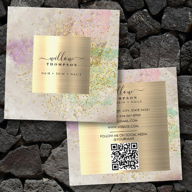 Vattenfärgsbeteckning Natursten Faux Guld Glitter  Fyrkantigt Visitkort (Watercolor Natural Stone Faux Gold Glitter QR Code Square Business Card)