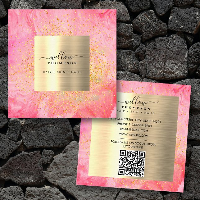 Vattenfärgsbeteckning Rosa Marble Faux Guld Glitte Fyrkantigt Visitkort (Watercolor Pink Marble Faux Gold Glitter QR Code Square Business Card)