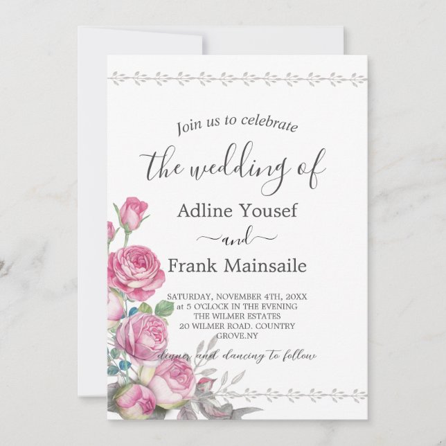 Vattenfärgsbeteckning Rosa ros QR-kod Bröllop Inbjudningar (Framsida)