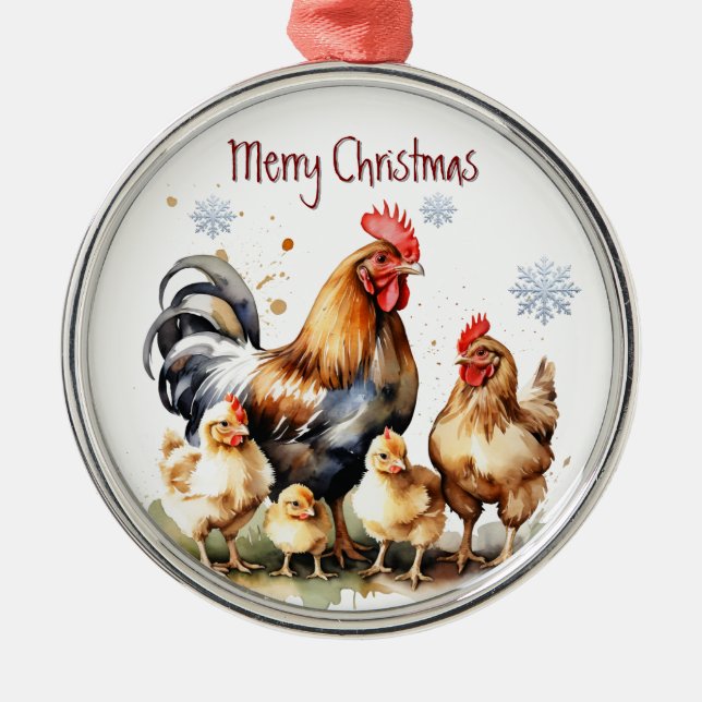 Vattenfärgsbild för kycklingfamiljen Djurfågelart  Julgransprydnad Metall (Framsidan)