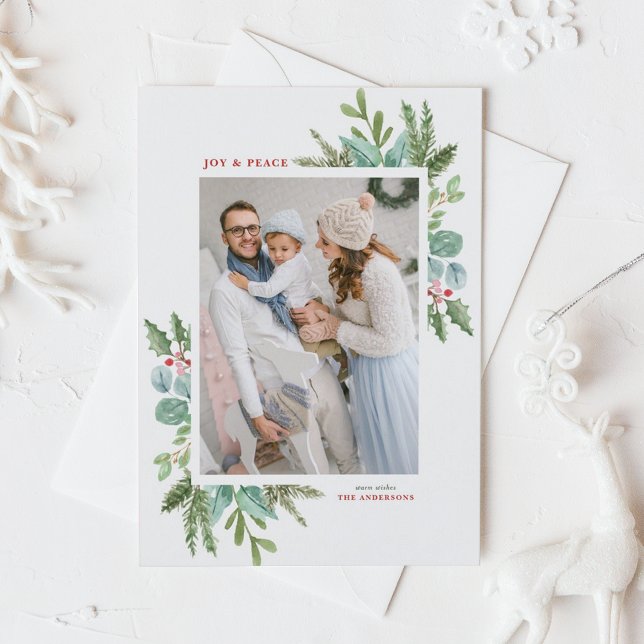 Vattenfärgsbild Julfommon Ram Helgdag Photo Helg Vykort (Customizable photo Christmas postcard featuring watercolor frame of winter greenery and winterberry)