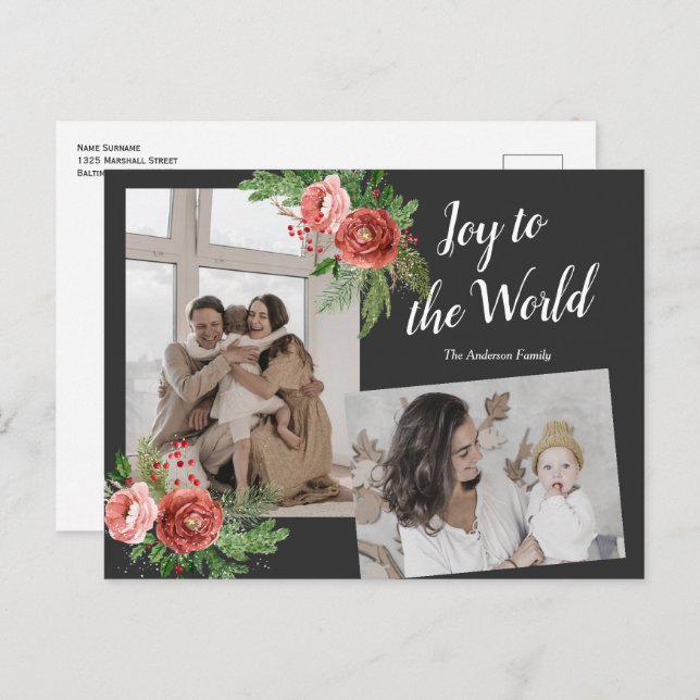 Vattenfärgsbilder, Blommigten Julhälsningar familj Vykort (Fram/baksida)