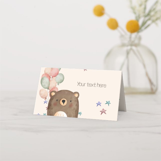 Vattenfärgsbjörn med ballonger födelsedag Placerin Placeringskort (Framsida)