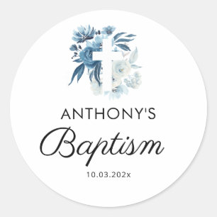 vattenfärgsblå blommigt-baptism runt klistermärke