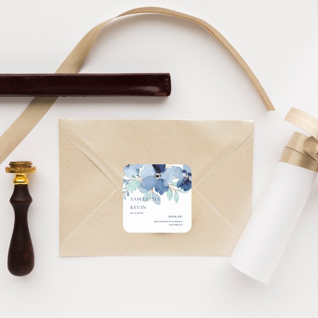 Vattenfärgsblå Blommigt Bröllop Tack Fyrkantigt Klistermärke (Watercolor Blue Floral Wedding Thank You Square Sticker)