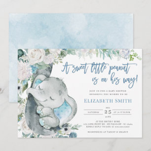 Vattenfärgsblå Blommigt Elephant Boy Shower Inbjudningar