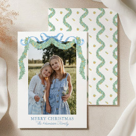 Vattenfärgsblå Bow Fruit Garland Julfoto Julkort