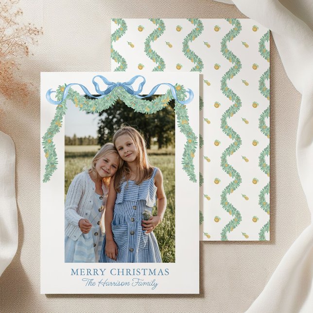 Vattenfärgsblå Bow Fruit Garland Julfoto Julkort (Skapare uppladdad)