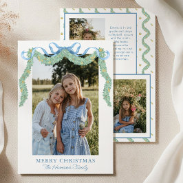 Vattenfärgsblå Bow Fruit Garland Julfoto Julkort