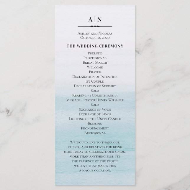 Vattenfärgsblå bröllop. Klassisk nautisk enkel Program (Framsida)