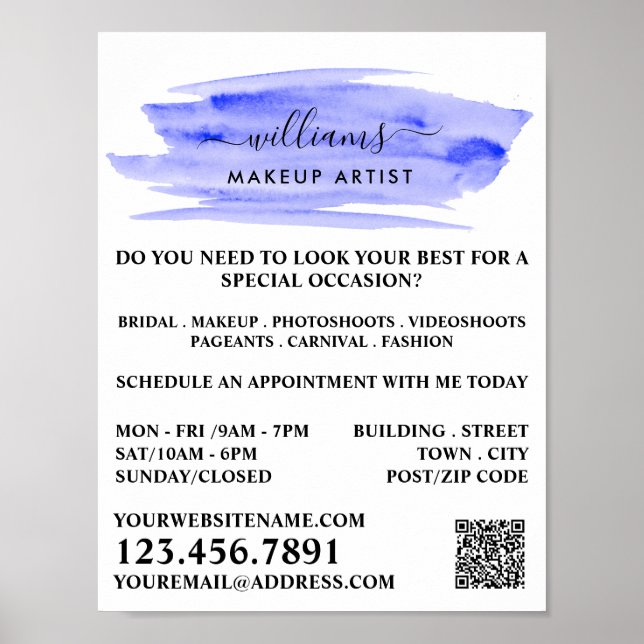 Vattenfärgsblå Brushstroke Makeup Artist Poster (Framsidan)