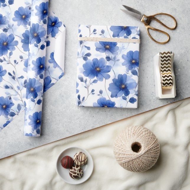 Vattenfärgsblå Daisy Mönster Presentpapper (Hantverk)