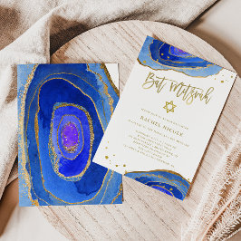 Vattenfärgsblå Geode med Guld | BAT MITZVAH Inbjudningar