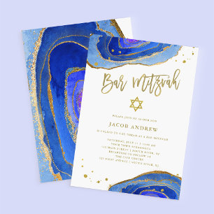 Vattenfärgsblå Geode med Guld Pub Mitzvah Inbjudningar