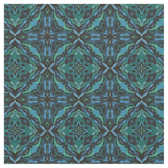 Vattenfärgsblå Grönt Azulejo Spanska plattan Tyg (Närbild)