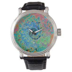 Vattenfärgsblå Groovy Abstrakt Retro Liquid Swirl Armbandsur