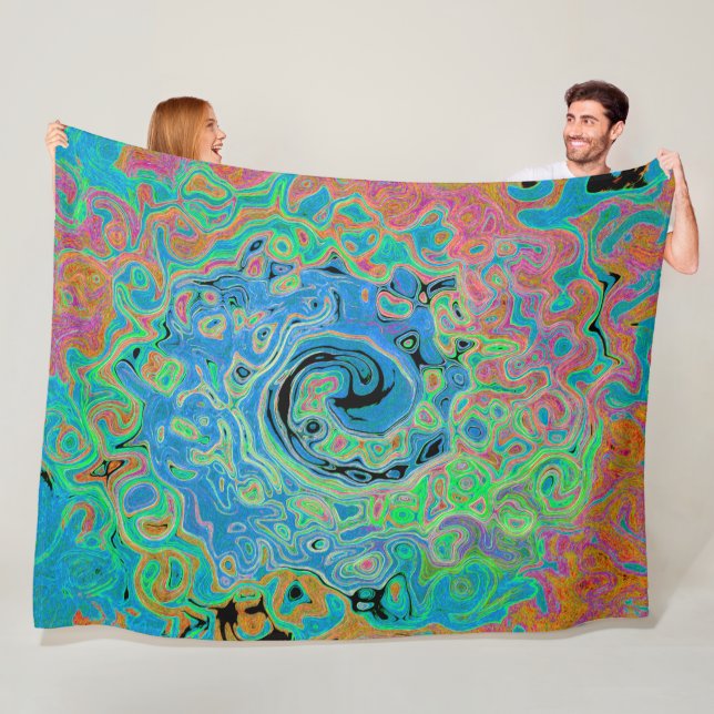 Vattenfärgsblå Groovy Abstrakt Retro Liquid Swirl Fleecefilt (På plats)