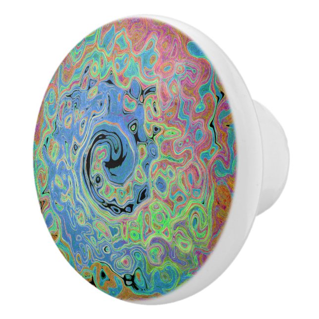 Vattenfärgsblå Groovy Abstrakt Retro Liquid Swirl Knopp (Höger)