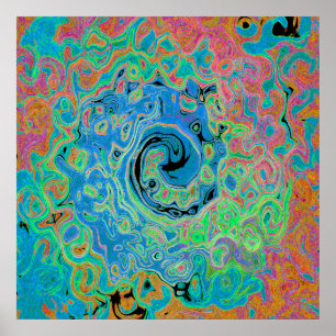 Vattenfärgsblå Groovy Abstrakt Retro Liquid Swirl Poster