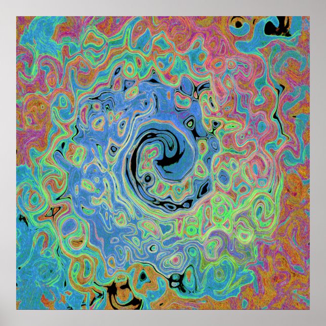 Vattenfärgsblå Groovy Abstrakt Retro Liquid Swirl Poster (Framsidan)