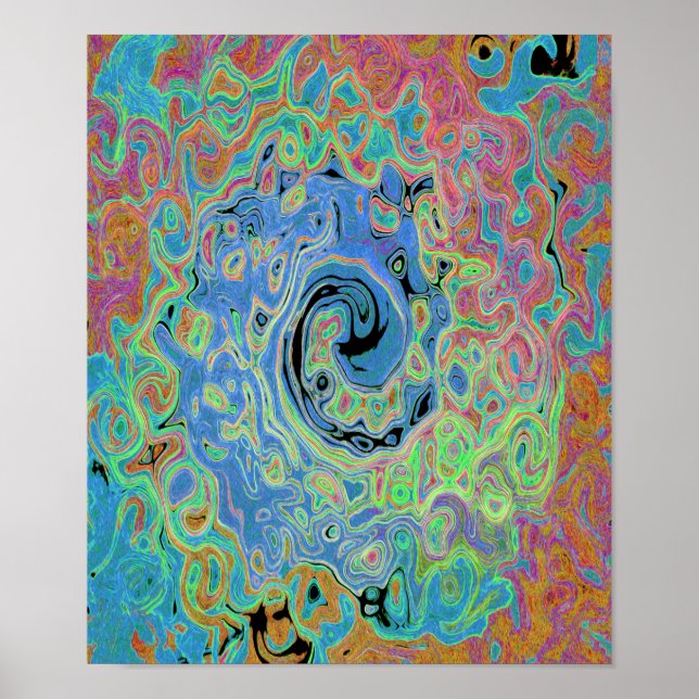 Vattenfärgsblå Groovy Abstrakt Retro Liquid Swirl Poster (Framsidan)