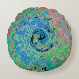 Vattenfärgsblå Groovy Abstrakt Retro Liquid Swirl Rund Kudde