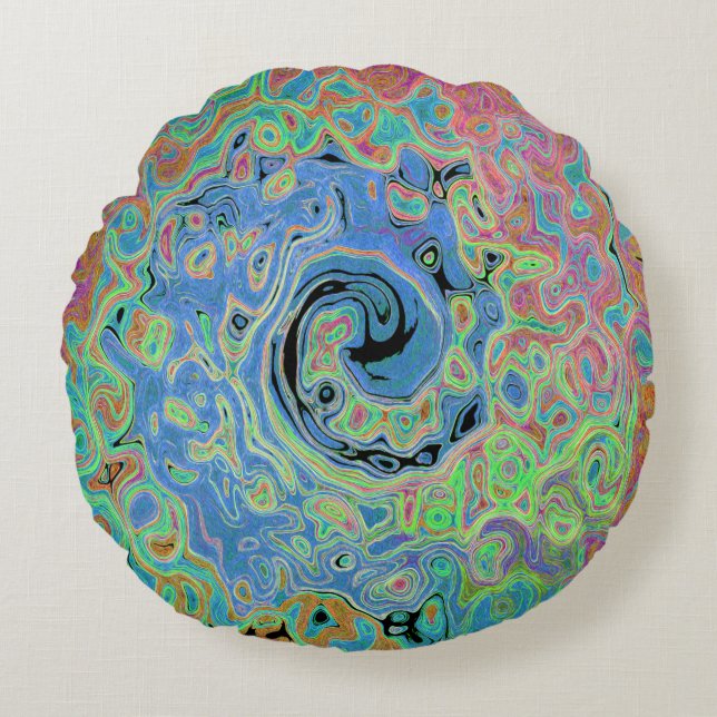 Vattenfärgsblå Groovy Abstrakt Retro Liquid Swirl Rund Kudde (Framsidan)