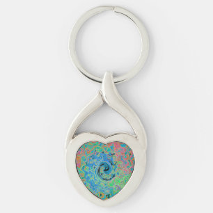 Vattenfärgsblå Groovy Abstrakt Retro Liquid Swirl Twisted Heart Silverfärgad Nyckelring