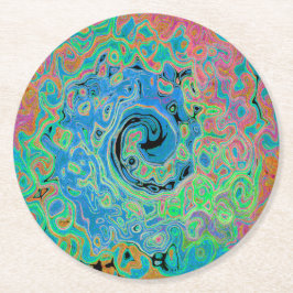 Vattenfärgsblå Groovy Abstrakt Retro Liquid Swirl Underlägg Papper Rund