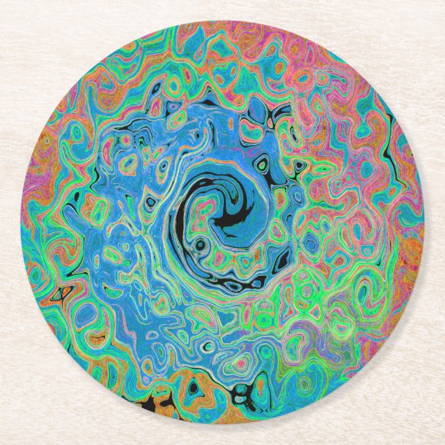 Vattenfärgsblå Groovy Abstrakt Retro Liquid Swirl Underlägg Papper Rund (Framsidan)
