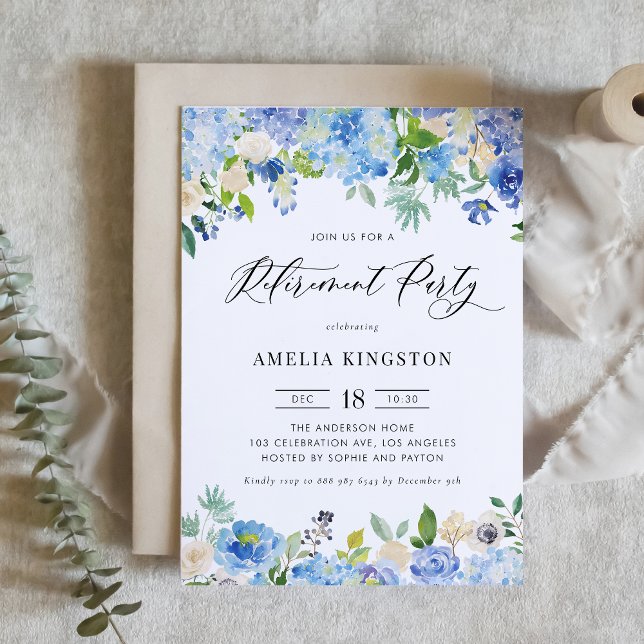 Vattenfärgsblå Hydrangea Blommigt Pension Party Inbjudningar (Skapare uppladdad)