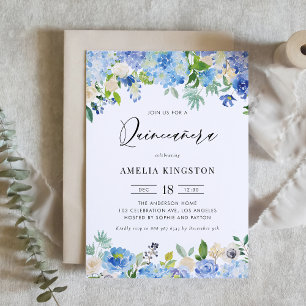 Vattenfärgsblå Hydrangea-Blommigt Quinceañera Inbjudningar