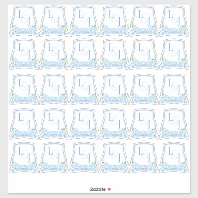 Vattenfärgsblå Hydrangea Bröllop Monogram Klistermärken (Ark)