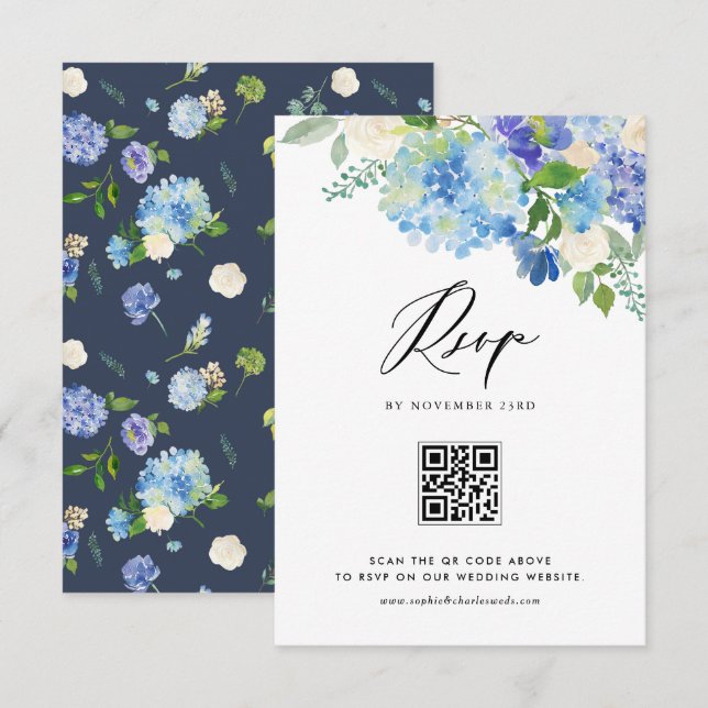 Vattenfärgsblå Hydrangea Flowers Bröllop QR-kod OSA Kort (Fram/baksida)