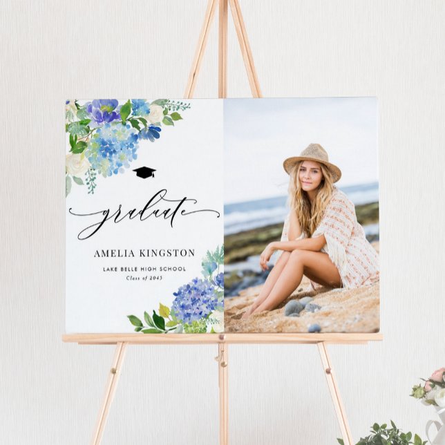 Vattenfärgsblå Hydrangea Flowers Photo Studenten Poster (Watercolor Blue Hydrangea Flowers Photo Graduation Poster)