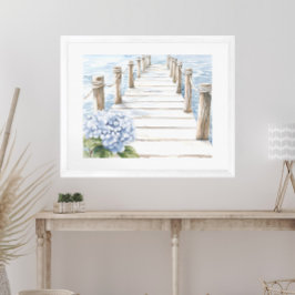 Vattenfärgsblå Hydrangea Seaside Dock Coastal Poster