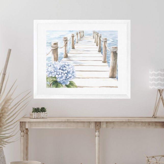 Vattenfärgsblå Hydrangea Seaside Dock Coastal Poster (Skapare uppladdad)