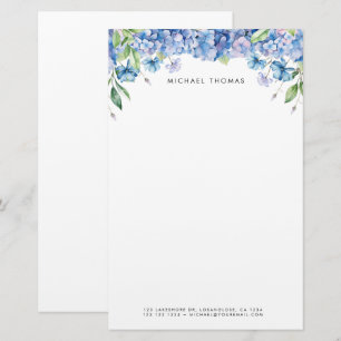 Vattenfärgsblå Hydrangeas & Lila Blommigt Brevpapper