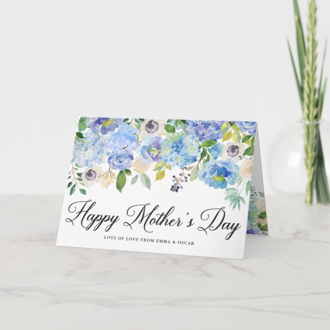 Vattenfärgsblå Hydrangeas Lycklig Mors dag Kort (Framsida)