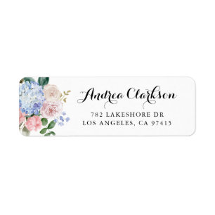 Vattenfärgsblå Hydrangeas och Rosa ros-skript Returadress Etikett